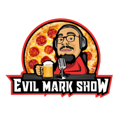 evil mark show logo with a pizza background